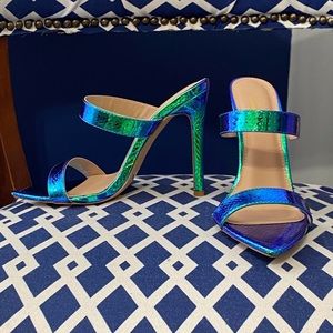 Mermaid iridescent double strap mule heels